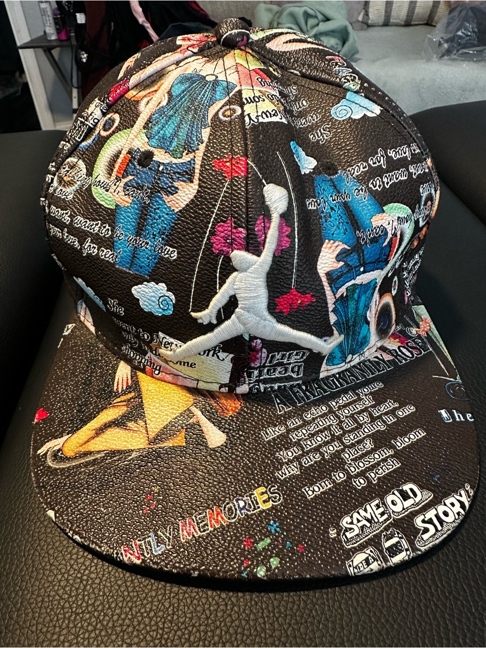 Jordan Black Multicolor Graphic Leather-Look Snapback